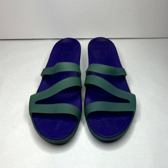 Crocs Purple Green Slip On Sandals Strappy Comfy Durable Womens - Picture 2 of 10